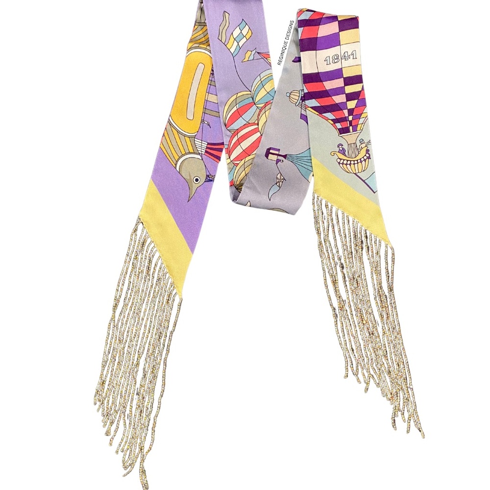 SeraBijoulet™ Handcrafted Silk Skinny Scarf with Beaded Fringe - Picture 4 of 7